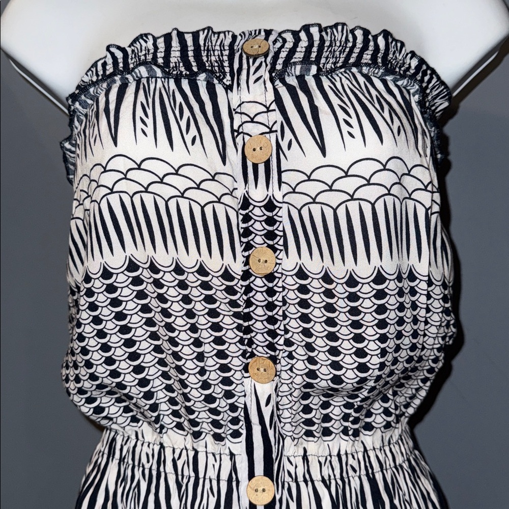 Paper Tree Navy & White Print Strapless Mini Dress | Size Small - Picture 2 of 5